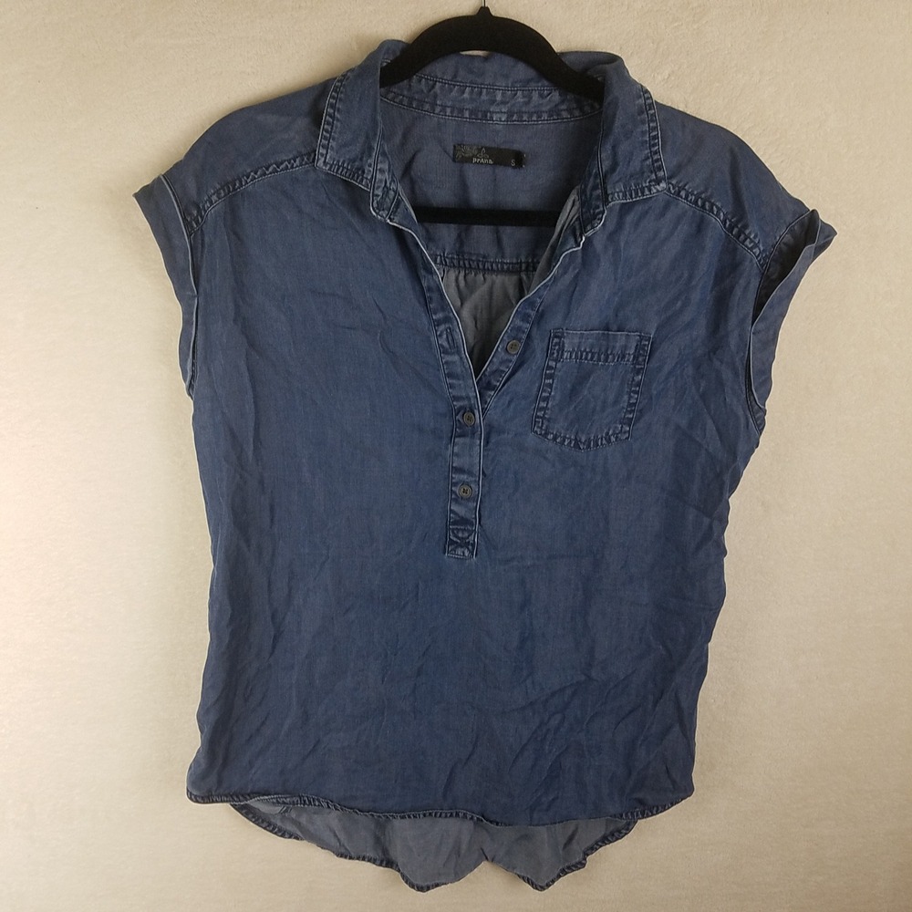 Prana Popover Top Womens Small Blue Excellent Cap Sleeve Chambray Pleated Back
